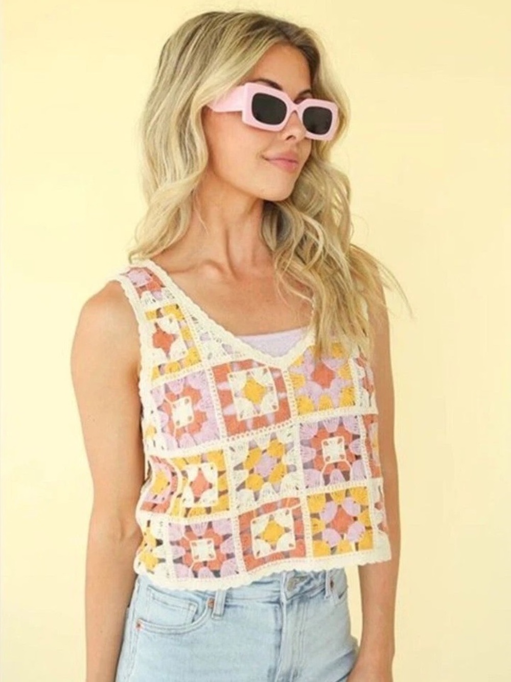 Rebellion Crochet Square V-Neck Crop Top - Yellow, Pink, Cream